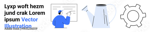 Person pointing at a board, kettle symbolizing tools or resources, gear representing process optimization. Ideal for education, workflow, productivity, training, tutorials, tools simple landing page