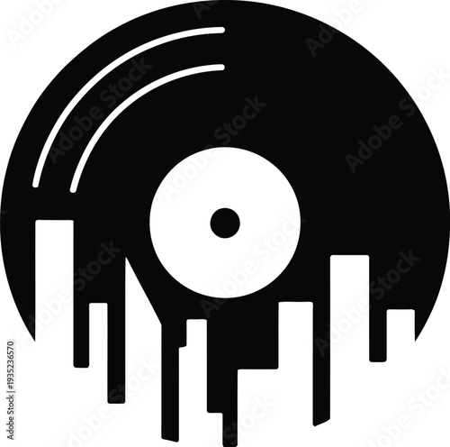Vinyl record with city skyline silhouette  music and urban landscape combination  cityscape
