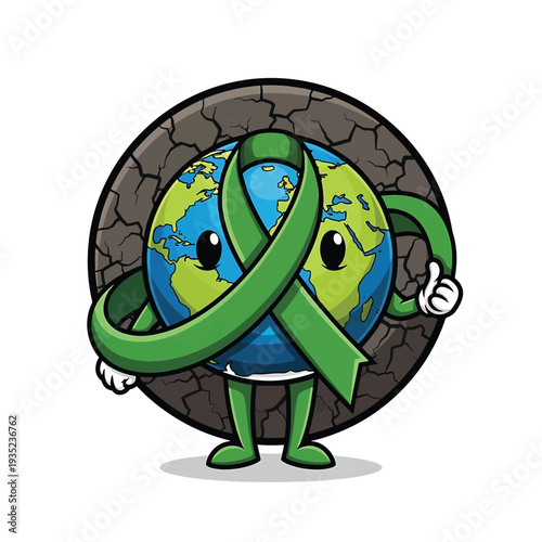 Earth Cartoon Character with Green Ribbon for World Environment Day