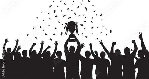 Silhouette of people celebrating with trophy and confetti victory