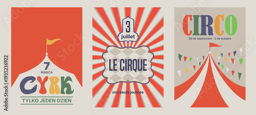 Circus placard design set. Modern carnival aesthetic templates with words in Polish, Spanish, and French. Vertical vectors