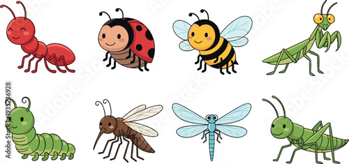 Cute Garden Insects Collection with Ant Ladybug Bee Grasshopper Dragonfly and Cartoon Bug Vector Illustration Set