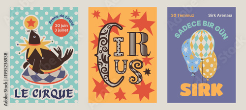 Circus placard design set. Modern festival aesthetic templates with words in Turkish, English, and French. Vertical vectors