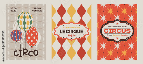 Circus posters design set. Modern carnival aesthetic templates with words in Spanish, English, and French. Vertical vectors