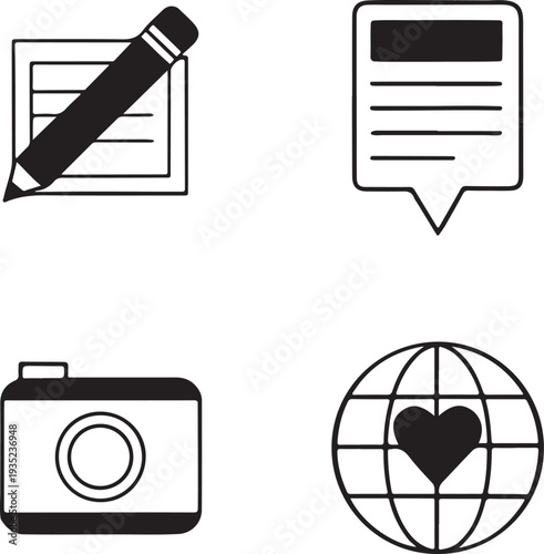 Social media icons for communication, writing, and global connection