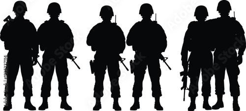 Military Soldier Silhouette Set Featuring Group of Armed Special Forces Infantry Standing with Rifles and Tactical Gear Isolated on White Background for Defense Design