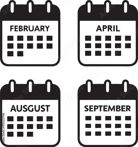 Calendar icons set showing february april august and september months for planning design