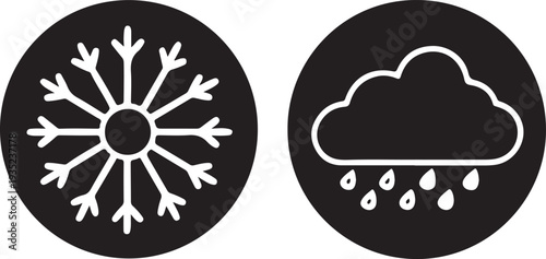 Weather icons featuring large snowflake and rain cloud with drops in circular black frames