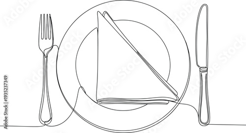 Minimalist continuous line drawing vector illustration of a formal dinner place setting with plate folded napkin fork and knife for restaurant menu branding design