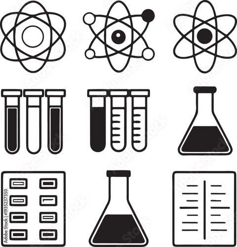 Science laboratory equipment icons with atoms test tubes flasks and chemical documentation