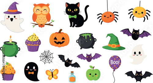 Cute Halloween Cartoon Elements Collection with Pumpkin Ghost Black Cat Bat Witch Hat Spider and Spooky Vector Illustration Set