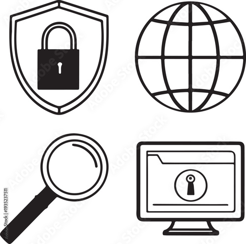 Set of four security and digital technology outline icons including shield lock, globe, search, monitor