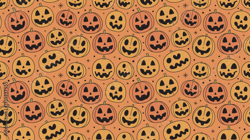 A vibrant Halloween-themed pattern featuring numerous cartoon jack-o-lanterns on an orange background with small stars