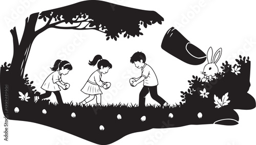 Children searching for Easter eggs in a park setting