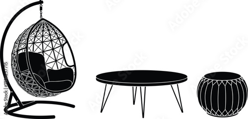Modern hanging egg chair, coffee table and round ottoman silhouettes isolated on white background, contemporary indoor outdoor furniture vector illustration set
