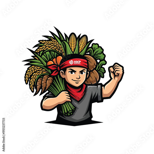 Heroic farmer with harvest bundle and determined pose