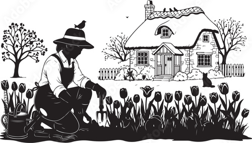 Farmer planting tulips in garden near house and trees