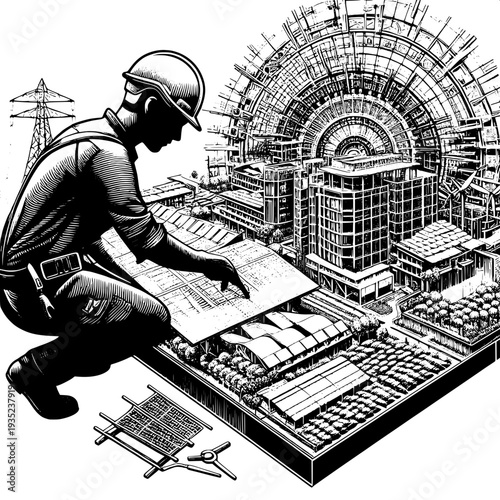 Architect engineer reviewing modern industrial factory blueprint design with safety helmet