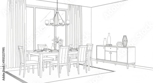 Modern Dining Room Sketch with Elegant Table Setting and Chandelier.