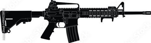 Modern Tactical Assault Rifle Silhouette Featuring Detailed Mechanical Parts Carrying Handle Picatinny Rail and Telescopic Stock for Military Defense and Action Gaming Concept Illustrations