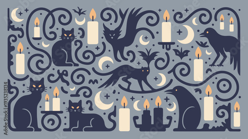 A mystical illustration featuring black cats, birds, and bears surrounded by candles and moons on a gray background.