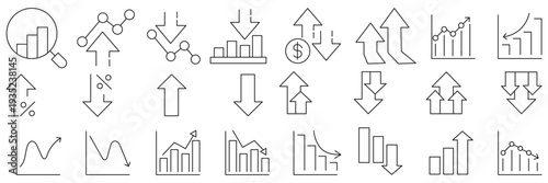 Stock market icons. Line growth and decrease icon set. Growth up and down, Profit and loss icon. Business, stock exchange, investment, analysis, percentage growth and decrease, candlestick line icon