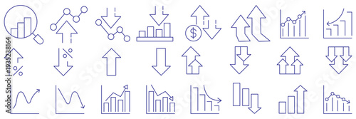 Stock market icons. Line growth and decrease icon set. Growth up and down, Profit and loss icon. Business, stock exchange, investment, analysis, percentage growth and decrease, candlestick line icon