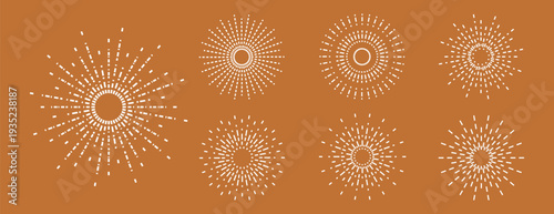 Collection of boho sunrise line icons with various retro, geometric, and radiating line designs