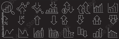 Stock market icons. Line growth and decrease icon set. Growth up and down, Profit and loss icon. Business, stock exchange, investment, analysis, percentage growth and decrease, candlestick line icon