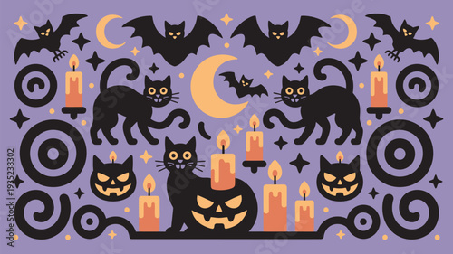 A spooky Halloween scene with black cats, bats, and jack-o-lanterns on a purple background with orange candles and crescent moons.