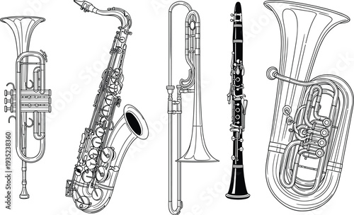 Musical Instrument Vector Illustration Set with Saxophone Trumpet Trombone Clarinet and Tuba Line Art for Jazz Band Music Education Concert Posters and Orchestral Design