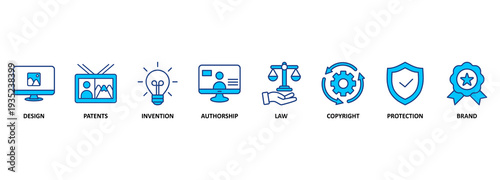 Intellectual property banner web icon vector illustration concept for trademark with icon of design, patents, invention, authorship, law, copyright, protection, and brand 