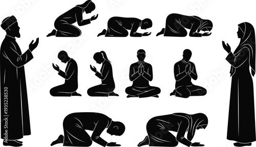 Muslim people prayer silhouette set with men and women in various salat positions including standing prostrating and sitting for Islamic religious and cultural design projects.
