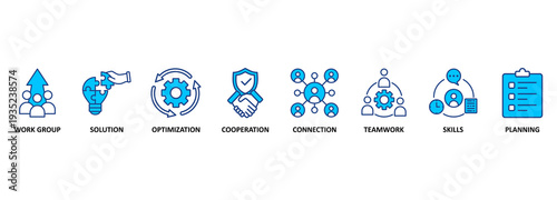 Business teamwork banner web icon vector illustration concept with icon of work group, solution, optimization, cooperation, connection, teamwork, skills, planning 