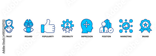 Reputation management banner web icon vector illustration concept with icon of trust, regard, popularity, credibility, impression, position, marketing and brand