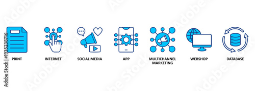 Cross-media banner web icon vector illustration concept with icon of print, internet, social media, app, multichannel marketing, webshop and database 