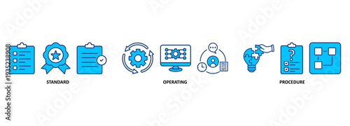 SOP banner web icon vector illustration concept for the standard operating procedure with an icon of instruction, quality, manual, process, operation, sequence, workflow, iteration, and puzzle 