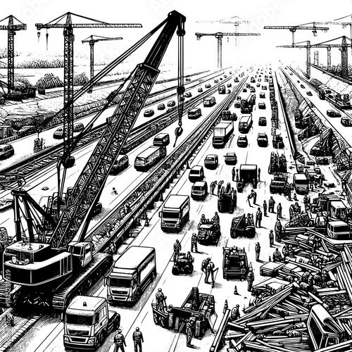 Busy industrial port with cranes shipping containers trucks logistics transportation black white