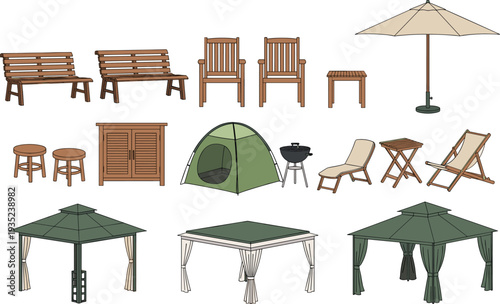 Outdoor garden and camping furniture vector set featuring wooden benches chairs gazebo tent patio umbrella grill and deck chair for backyard leisure lifestyle design