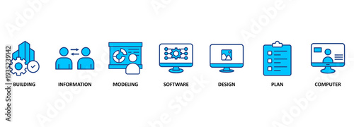 BIM banner web icon vector illustration concept for building information modeling with icon of building, information, modeling, software, design, plan, and computer 