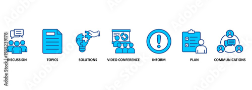Meeting banner web icon vector illustration for business meeting and discussion with communications, topics, solutions, plan, inform and video conference icon 