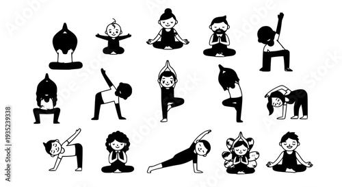 Cute Multicultural Yoga Pose Collection – Beginner Fitness Flat Character Vector Set