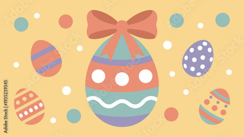 A colorful Easter egg with a bow surrounded by smaller eggs and dots on a yellow background