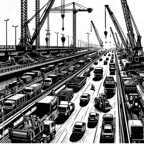 Busy industrial port with cranes shipping containers trucks logistics transportation black white