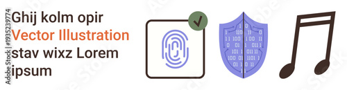 Security systems, data protection, authentication, biometrics, music creation, online identity. Fingerprint with checkmark, digital shield music note icon. Security systems and data protection
