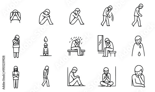 Collection of simple line art illustrations depicting various emotional states and reactions to stress and sadness in people