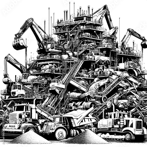 Construction site heavy machinery fleet at work industrial equipment excavators bulldozers cranes