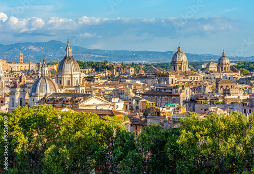 Scenic sunset cityscape of Rome center seen from top of St. Angel's castle, Italy (translation 