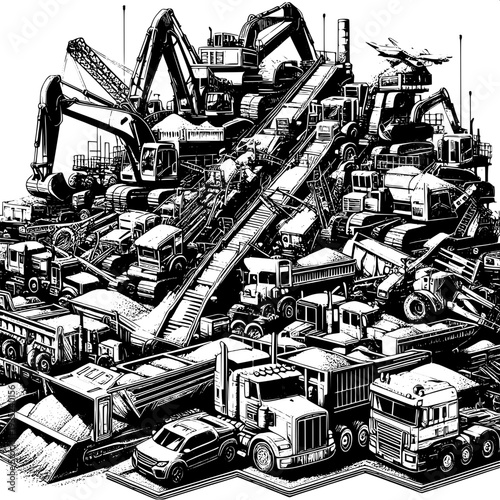 Construction site heavy machinery fleet at work industrial equipment excavators bulldozers cranes