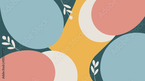 A vibrant and colorful abstract illustration featuring various shapes and leaves on a dark background